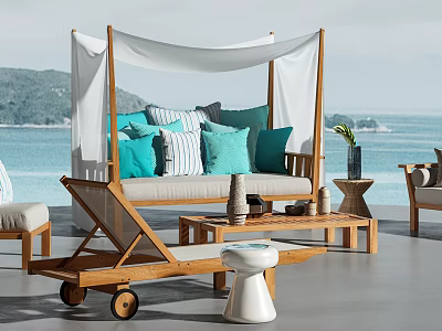 Outdoor Sofa Wooden Frame White Canopy Blue Cushions Ocean View Mountain Side Table and Plants 3d model