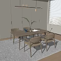 Modern Wooden Dining Table Set With Rattan Chairs And Green Plant Vase