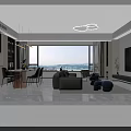 Modern Living and Dining Room Interior With Sofa Coffee Table Pendant Light And Bookshelves
