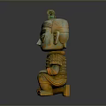Ancient Warrior Sculpture Carving With Green Orange Armor And Seated Pose