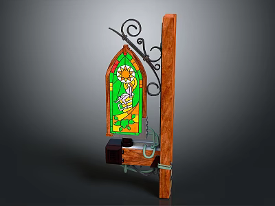 Stained Glass Window Design With Wooden Frame And Wrought Iron Scrollwork 3d model