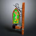 Stained Glass Window Design With Wooden Frame And Wrought Iron Scrollwork