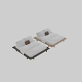 Minimalist Modern Double Bed with Wooden Frame White Bed Sheets and Brown Cushion