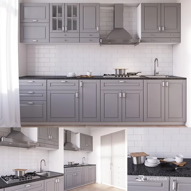 Modern Gray Kitchen Cabinets With Countertops Drawers And White Tile Backsplash 3d model 