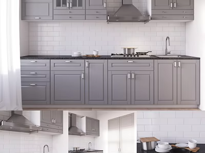 Modern Gray Kitchen Cabinets With Countertops Drawers And White Tile Backsplash 3d model