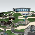 Water Park Recreational Area Featuring Slides Pavilions Buildings Green Lawns And Water Channels