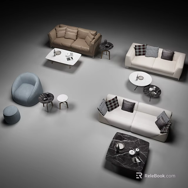 Modern Sofa And Coffee Table Set With Brown White Upholstery Pillows And Side Tables 3d model 