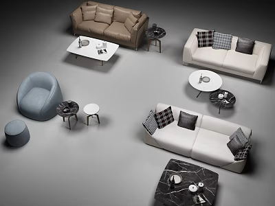 Modern Sofa And Coffee Table Set With Brown White Upholstery Pillows And Side Tables 3d model