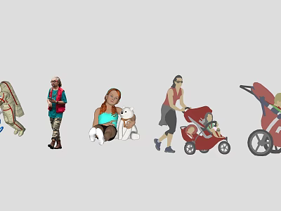 Group of People in Various Daily Activities with Strollers Dog and Different Poses 3d model
