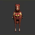 Cartoon Brown Horse With Golden Collar Red Bow Bells And Red Saddle Yellow G Logo