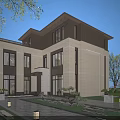 Modern Two Story Detached Villa with Stone Facade Glass Windows and Courtyard Lighting
