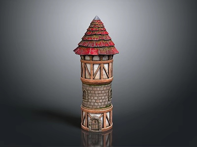 Traditional Tower With Pointed Red Roof Wooden Frames Stone Walls And Multi Level Design 3d model
