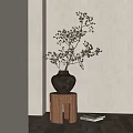 Ceramic Vase With Dried Branches And Small Buds On Wooden Stand Natural Sunlight Indoor Decor