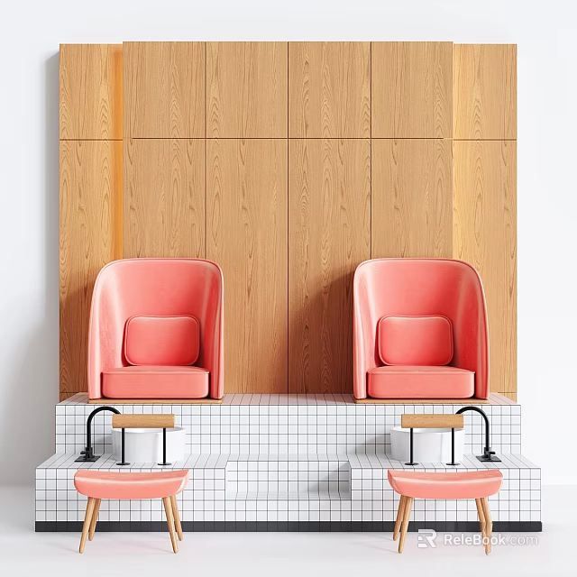 Medical Sink Facility With White Grid Tile Countertop Wooden Wall Pink Chairs And Faucets 3d model 