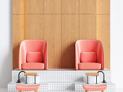 Medical Sink Facility With White Grid Tile Countertop Wooden Wall Pink Chairs And Faucets 3d model