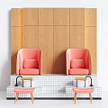 Medical Sink Facility With White Grid Tile Countertop Wooden Wall Pink Chairs And Faucets