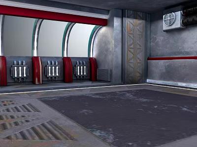 Cartoon Scene Of Futuristic Room With Curved Windows Red Seats And Metallic Walls 3d model