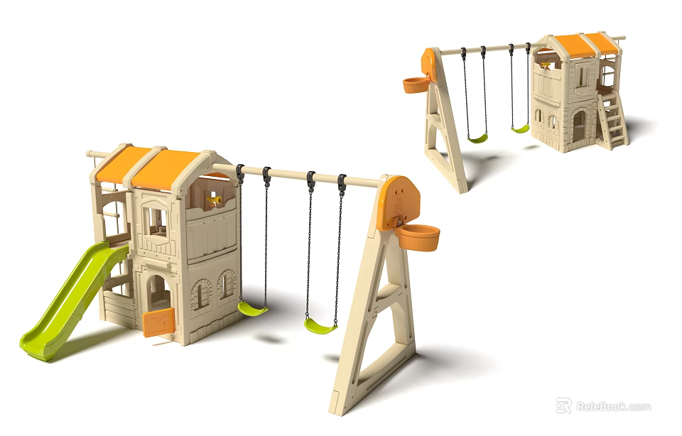 Safe Outdoor Playground Equipment for Kids with Swing Slide and Wooden Playhouse 3d model 