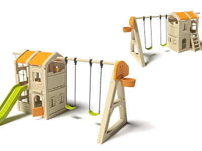 Safe Outdoor Playground Equipment for Kids with Swing Slide and Wooden Playhouse 3d model
