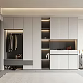 Modern White Shoe Cabinet Design With Storage Lighting And Clothes Hanging In Entrance Area