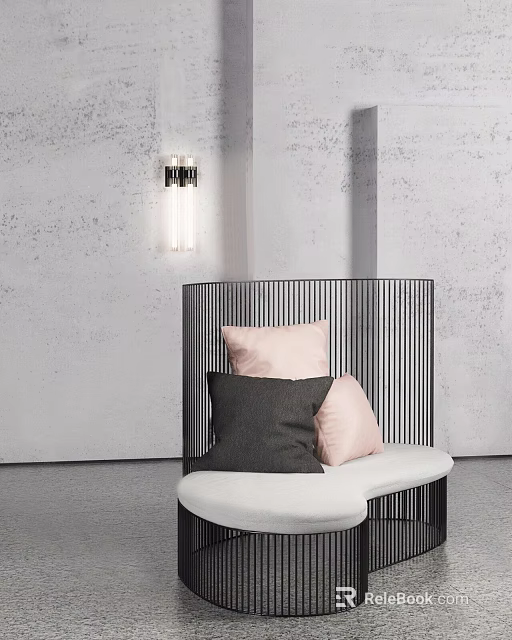 Modern Sofa with Striped Backrest Throw Pillows and Wall Lamp in Gray Room 3d model 