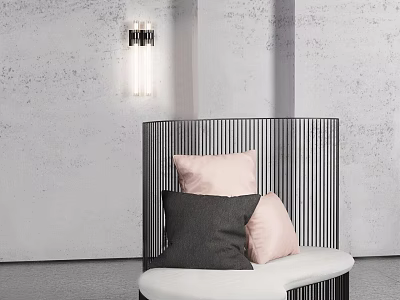 Modern Sofa with Striped Backrest Throw Pillows and Wall Lamp in Gray Room 3d model