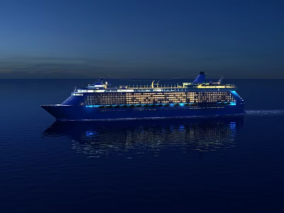 Luxury Cruise Ship Sailing At Night On Ocean With Illuminated Lights And Water Reflection 3d model