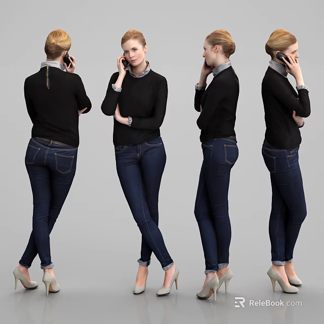 A Woman In Black Top Blue Jeans And High Heels Talking On Phone Multiple Angles 3d model 