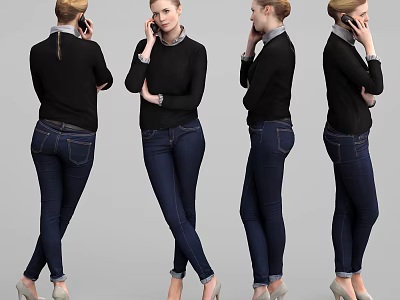 A Woman In Black Top Blue Jeans And High Heels Talking On Phone Multiple Angles 3d model