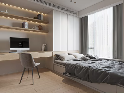 Modern Tatami Bedroom Interior Design With Tatami Bed Desk Chair And Shelves 3d model