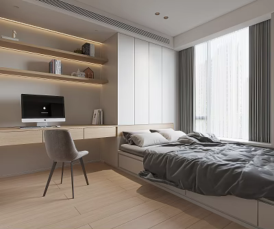 Modern Tatami Bedroom Interior Design With Tatami Bed Desk Chair And Shelves 3d model