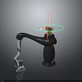 Person And Cat Near Black Faucet With Golden Parts Silver Decoration And Light Rings