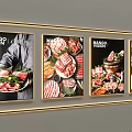 Yellow Decorative Light Strips Surrounding Four Black Framed Meat Posters On Gray Wall