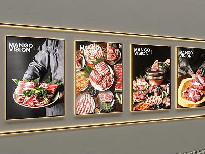 Yellow Decorative Light Strips Surrounding Four Black Framed Meat Posters On Gray Wall 3d model
