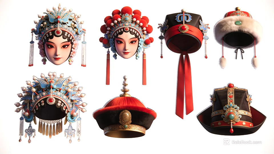 Traditional Chinese Peking Opera Ornament With Beaded Tassels Red Blue Decor And Intricate Design 3d model 
