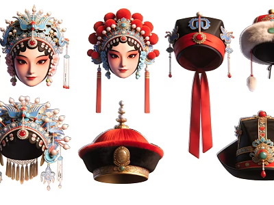Traditional Chinese Peking Opera Ornament With Beaded Tassels Red Blue Decor And Intricate Design 3d model