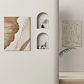 Minimalist Interior Wall Decor With Abstract Paintings Arch Niches And Potted Plant