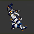 Futuristic Anthropomorphic Mech Character With Blue Orange Armor In Dynamic Combat Pose