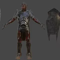Game Movie Character With Red Skin Fierce Face And Tattered Armor Standing Pose