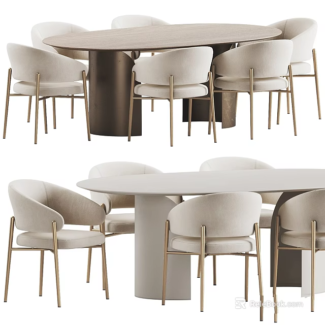 Elegant Modern Table And Chair Set With Beige Upholstered Chairs Gold Metal Legs 3d model 