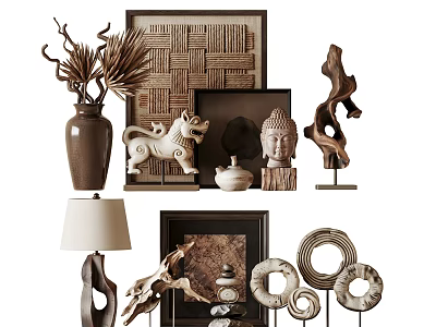 Elegant Modern Decorative Ornament Set with Vase Sculpture Buddha Statue Table Lamp and Circular Artworks 3d model
