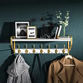 Modern Wall Mounted Coat Rack With Gold Hooks White Shelf Picture Frames And Flowers
