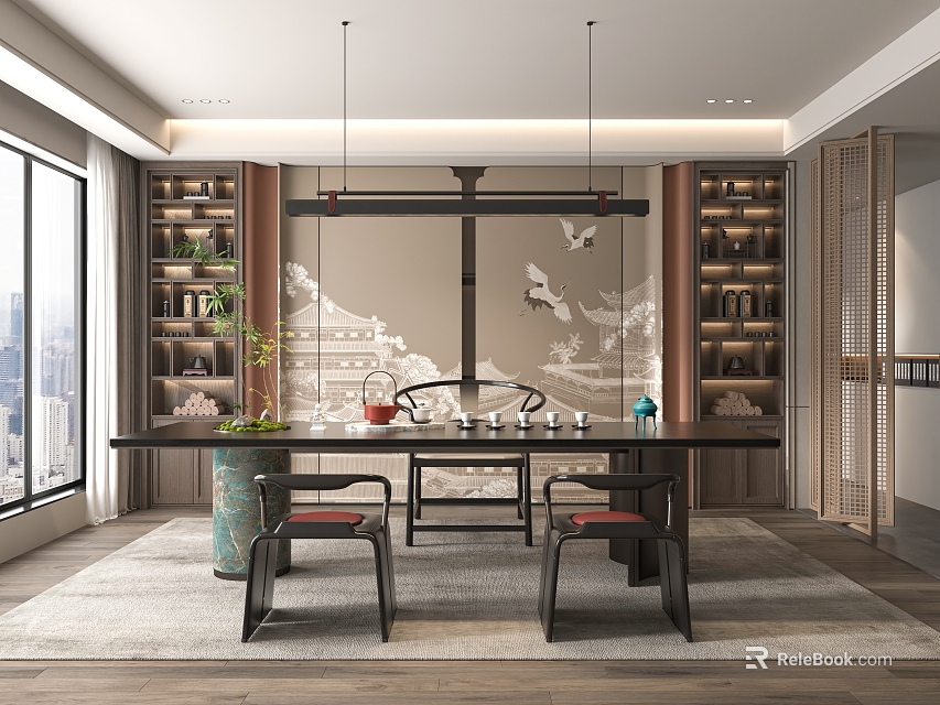 Traditional Tea Room Interior With Large Windows City View Bookshelves Pendant Lights And Long Table 3d model 