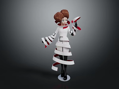 Animated Brown Curly Hair Character In White Outfit With Red Stripes Holding Ribbons Standing Pose 3d model