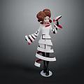 Animated Brown Curly Hair Character In White Outfit With Red Stripes Holding Ribbons Standing Pose
