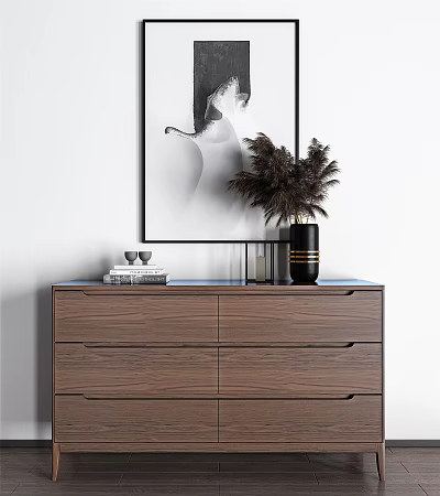 Modern Wooden Entryway Cabinet Sideboard With Pampas Grass Vase Framed Art And Books 3d model