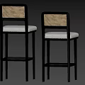 Stylish Black Wood Bar Stools With Natural Rattan Back And Soft Padded Grey Fabric Seats