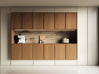 Modern Wooden Sideboard Design With Upper And Lower Cabinets Open Shelf And Decorative Items 3d model
