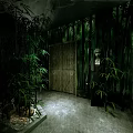 Mysterious Black Robed Figure Near Wooden Gate In Bamboo Forest With Dark Ambience