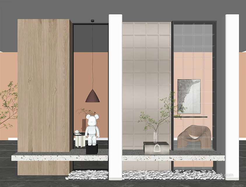 Modern Wooden And Glass Room Divider In Stylish Interior With Decorative Plants 3d model 